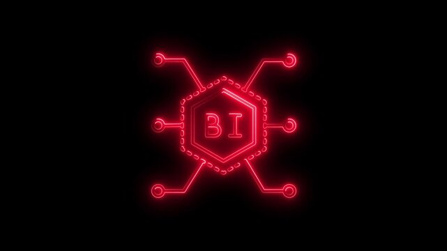 Business intelligence bi neon sign glowing digital circuit board concept for data analytics and corporate strategy