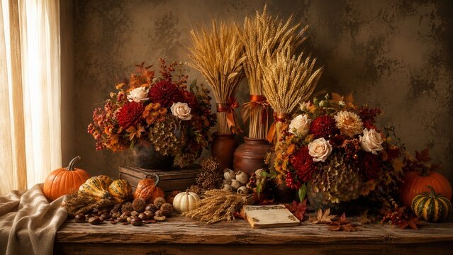 Traditionelles Erntedank-Stillleben mit goldenen Getreide&auml;hren, K&uuml;rbissen und &uuml;ppigen Herbstblumen auf rustikalem Holztisch &ndash; stimmungsvolle deutsche Tradition im Herbst.
