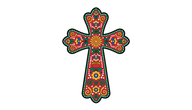 Intricately decorated Christian cross vector illustration featuring colorful floral patterns and traditional folk art motifs.