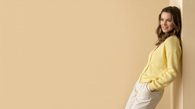 Serene Style: A young woman leans casually against a neutral wall, her serene expression and stylish pastel outfit exuding effortless charm and relaxed elegance.