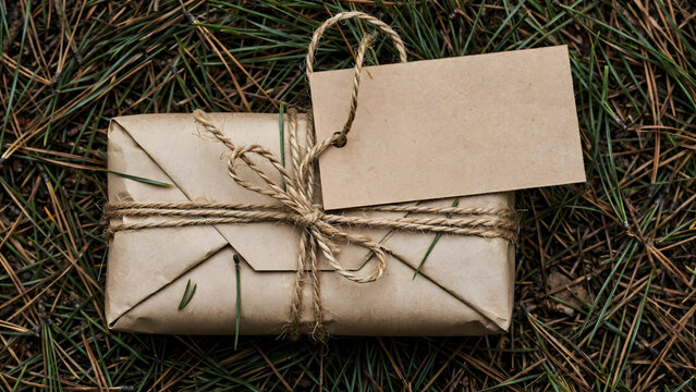 Rustic Gift Parcel: A thoughtfully wrapped gift parcel, adorned with twine and a blank tag, rests on a bed of pine needles.