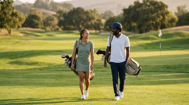Young Black couple walk with golf bag on course