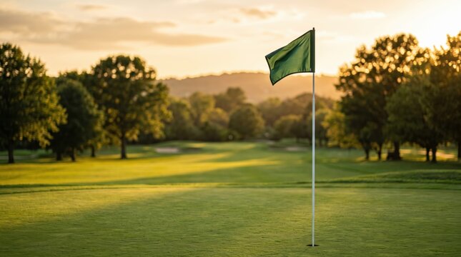 Golf Course With Green Flag Under Evening Sky Near Trees During Sunset