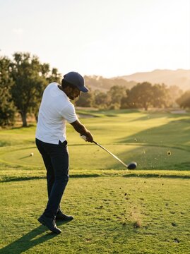 Man Swings Golf Club on a Sunny Day at a Golf Course
