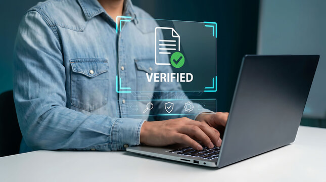 Verified Document Concept Man Typing Laptop Computer Desk Security Interface