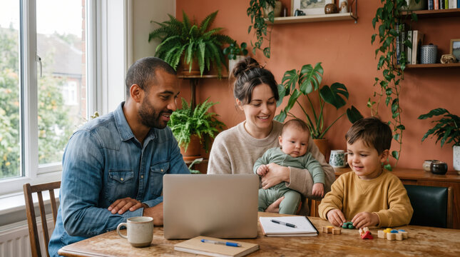 Family with laptop and children at home table