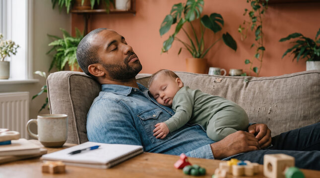 Father rest on sofa with sleeping baby at home