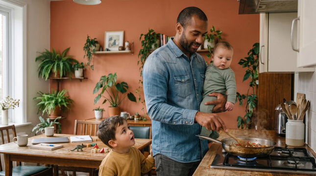 Father Cooking with the Baby on His Hip