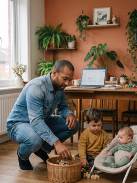 Father playing with children in a plant-filled home office