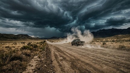 Naklejka premium A dusty dirt road leads to distant mountains beneath a dramatic