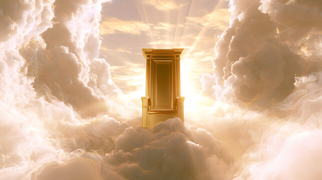 The return of Jesus Christ, according to an animated biblical sequence, portrays a magnificent golden throne of God in the heavens, surrounded by fluffy white clouds and bathed in radiant divine light