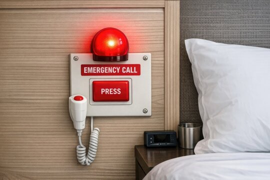 A red alarm button on a wall beside a bed, ready for use in an emergency
