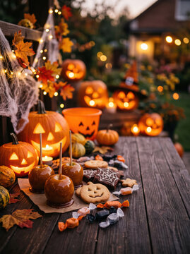 Halloween table with pumpkin lantern, caramel apple and cookie