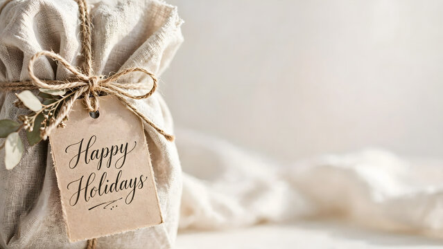 Gift Wrapped Package with Happy Holidays Tag on Isolated Background