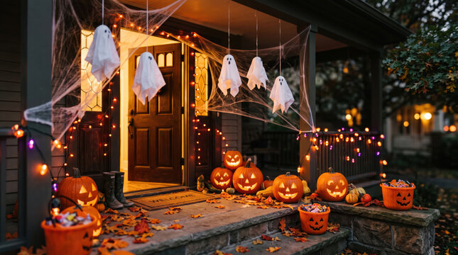 Halloween porch with glowing jack-o-lantern and ghost decor