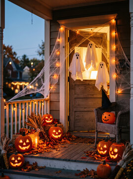 Halloween porch with ghost decoration and jack-o-lanterns
