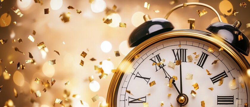 Vintage alarm clock showing midnight surrounded by falling golden confetti and bokeh lights, symbolizing the exciting countdown to the New Year