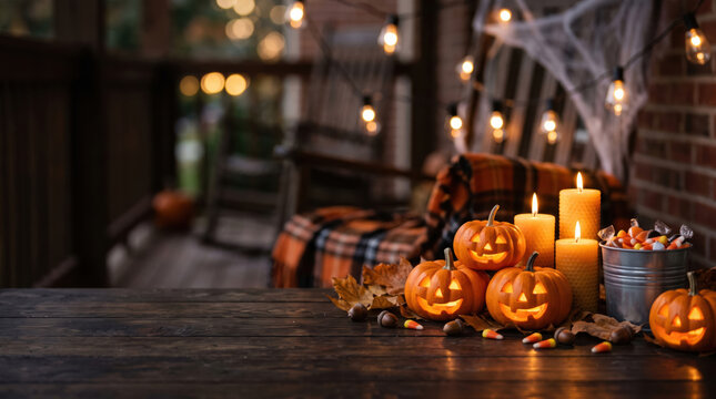 Halloween pumpkin display with candles and candy on porch