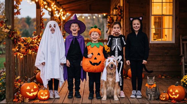 Children in Halloween costumes with pets on decorated porch