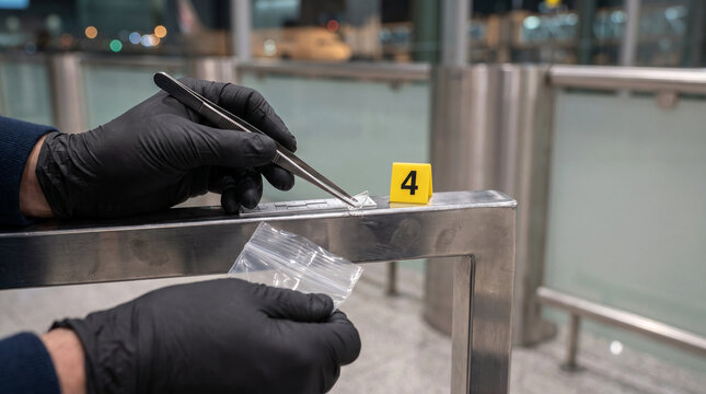 Forensic investigator collecting and documenting physical evidence at an airport crime scene using tweezers, an evidence bag, measurement scale, and numbered marker