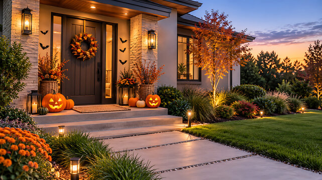 Residential home exterior decorated for autumn with pumpkins and fall foliage