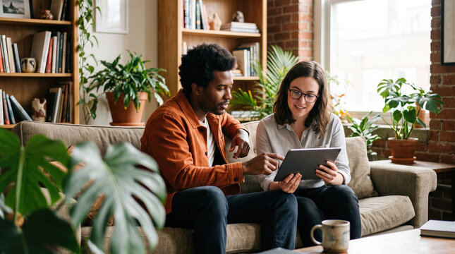 Couple use tablet in cozy plant-filled living room
