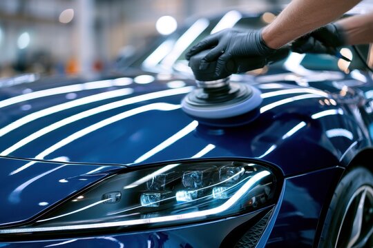 A technician polishes a sleek blue sports car with an electric orbital buffer in a bright workshop. Expert auto detailing for professional vehicle maintenance advertising.