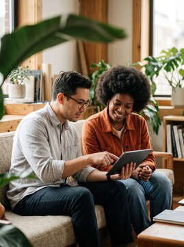 Diverse couple use tablet in a plant-filled living room