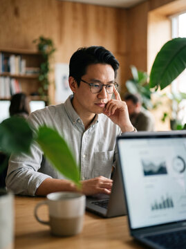 Young Asian Man Working on a Laptop in a Modern Office