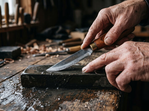 Hands sharpening steel knife blade on natural oil whetstone block in workshop