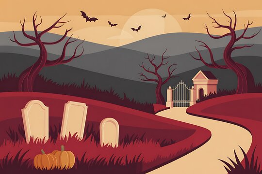 Spooky graveyard scene with winding path and silhouetted bats against a sunset sky