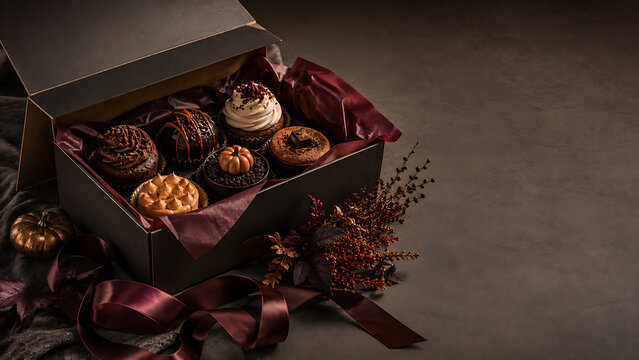 Assorted decorated cupcakes arranged inside a black cardboard box
