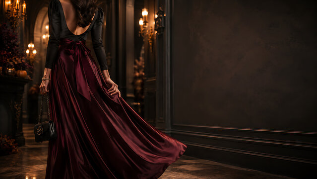 Woman in a long evening gown walks through an ornate hallway