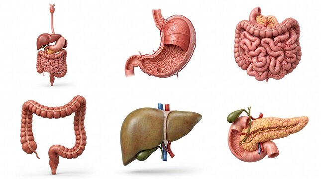 3D medical illustration of human digestive system organs isolated on white background for anatomy education