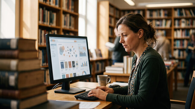Librarian use computer for digital catalog research