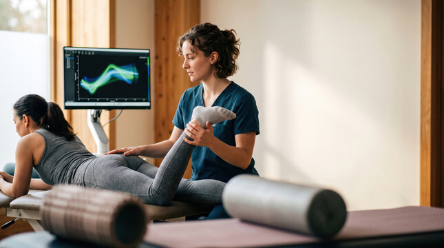 Physiotherapist assess patient with motion analysis screen