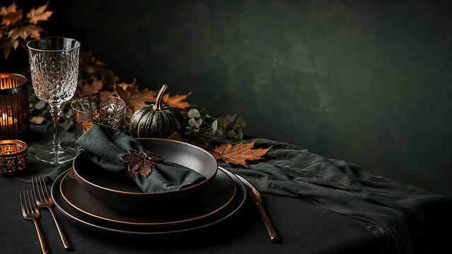 Autumnal table setting with dark plates glassware and seasonal foliage
