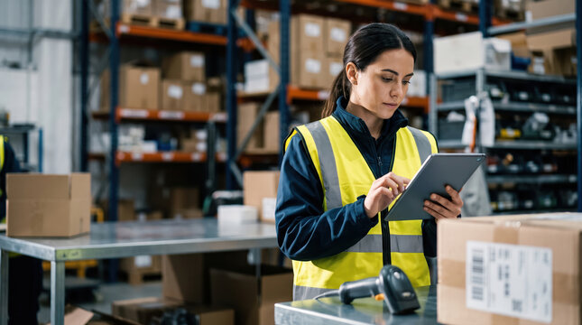 Warehouse worker using routing tablet for inventory management