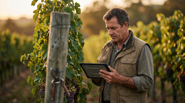 Vineyard grower assessing grape crop with tablet technology