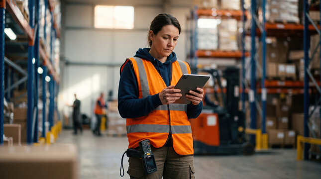 Warehouse worker using tablet for inventory management