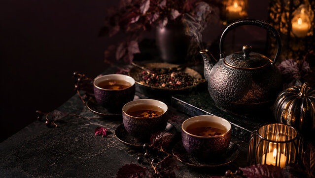 Black teapot and teacups sit amidst autumnal decor and candlelight
