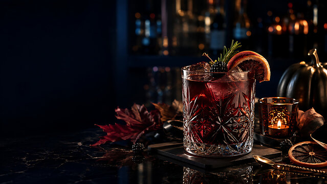Dark cocktail with citrus garnish sits on a reflective marble surface