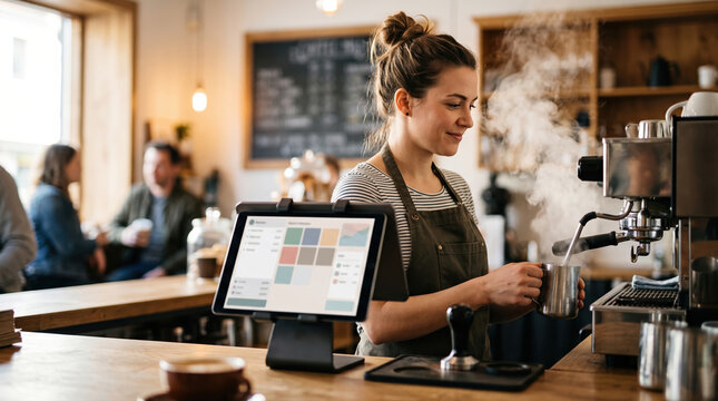 Barista prepare coffee with digital payment terminal