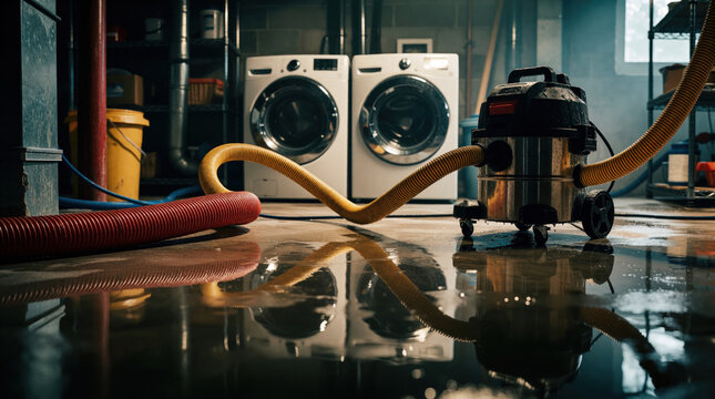 Wet basement with flooded concrete floor, washing machines, and wet vacuum extractor hose attached. Restoration and drying equipment setup for water damage cleanup and recovery indoors.