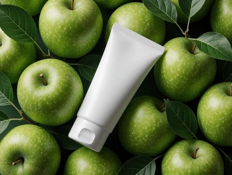 White cosmetic tube rests on fresh green apples. Natural skincare product mockup. Organic cream or toothpaste packaging with apple ingredient theme. Studio light flat lay.