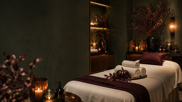 Spa treatment room with rolled towels and autumnal decor features warm lighting
