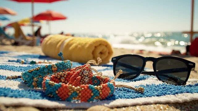 Beach accessories rest on sandy shore beside blue towel, sunglasses, beaded bracelet, seashells, and rolled yellow towel. Sunlit ocean and colorful umbrellas create relaxed seaside holiday atmosphere.