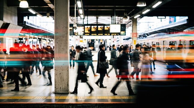 Cinematic motion blur at a busy urban train station