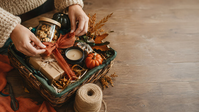 Autumn gift basket with gourds candles and twine on wooden surface