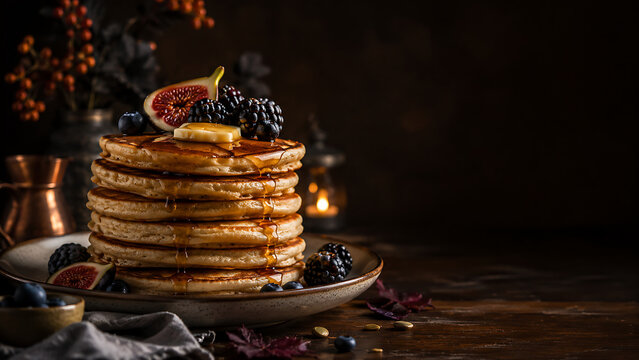 A stack of pancakes with blackberries blueberries and fig is presented on a plate